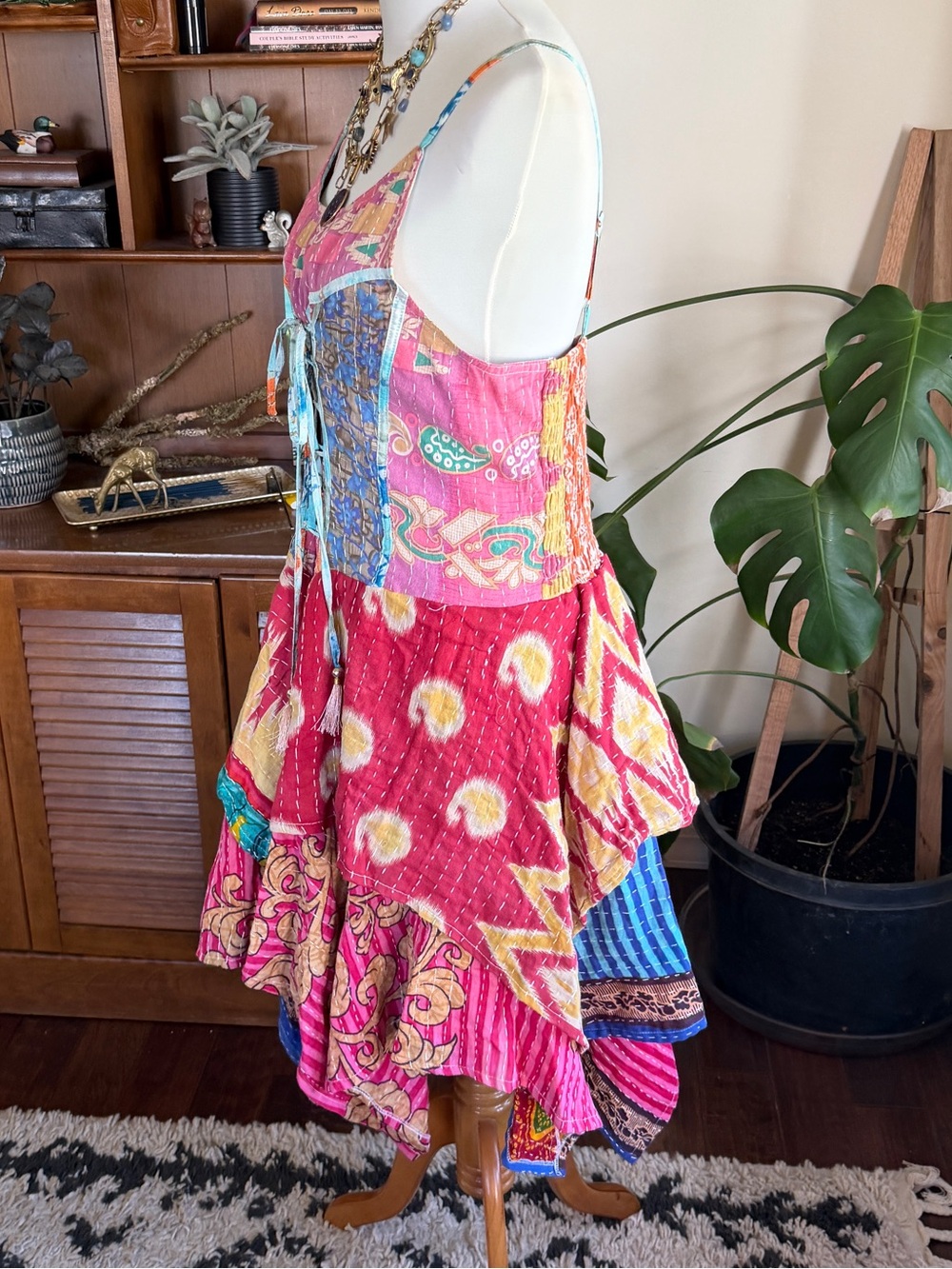 Wevez Kantha Bohemian Patchwork Pixie Skirt Corset Sundress Pink Multi OS - Picture 11 of 14